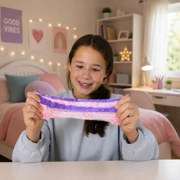 A girl stretches fluffy, layered pink and purple sensory compound between her hands in a bedroom.
