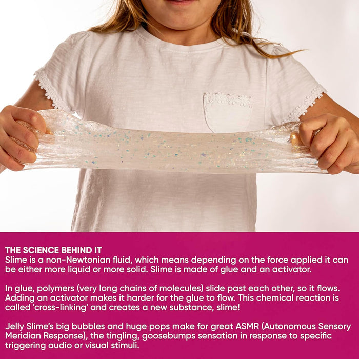 Child stretching clear, iridescent slime above a pink banner explaining the science of non-Newtonian fluids.