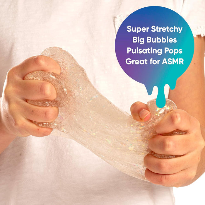 Hands stretch clear, iridescent glitter slime. A colorful bubble lists its stretchy and sensory features.