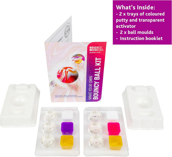 Two white ball molds, trays with purple, pink, and yellow putty, clear activator, and a colorful instruction booklet.