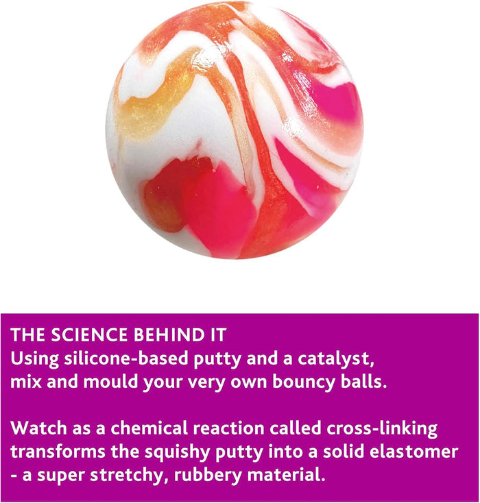 Pink, orange, and white swirled bouncy ball above a purple panel explaining the science of cross-linking putty.