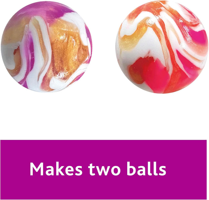 Two spherical bouncy balls with pink, orange, white, and gold swirls. Purple banner below says: Makes two balls.