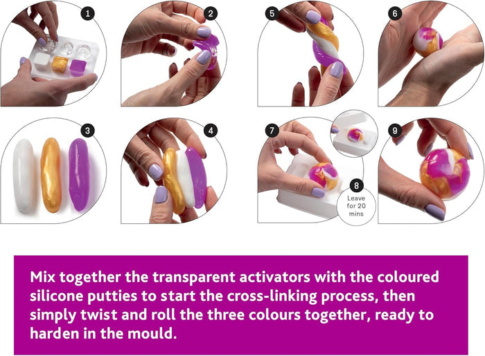 9 steps show mixing and rolling purple, gold, and white putty into a swirled bouncy ball using a white plastic mold.
