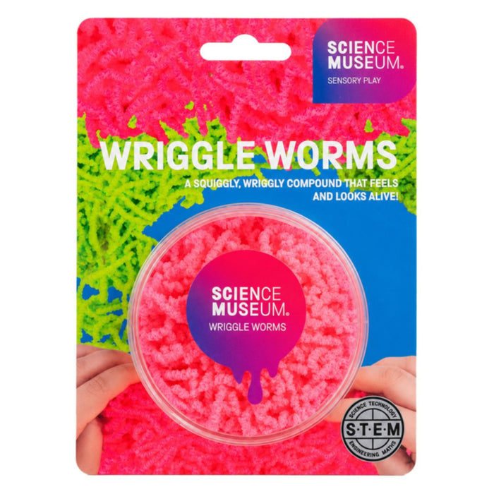 A clear tub of pink textured Science Museum Wriggle Worms compound on a bright pink, green, and blue backing card.