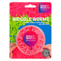 A clear tub of pink textured Science Museum Wriggle Worms compound on a bright pink, green, and blue backing card.