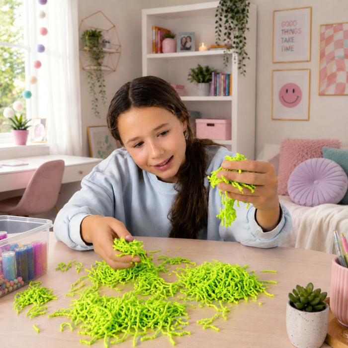 Girl plays with piles of bright lime green, textured worm toys at a desk, holding a clump in her hands.