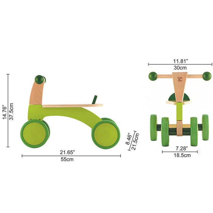 Lime green and wood ride-on toy with green wheels and handlebars, shown from side and front with product dimensions.