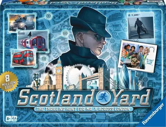 Blue Scotland Yard box featuring a man in a fedora over London landmarks like Big Ben, with red bus and taxi icons.