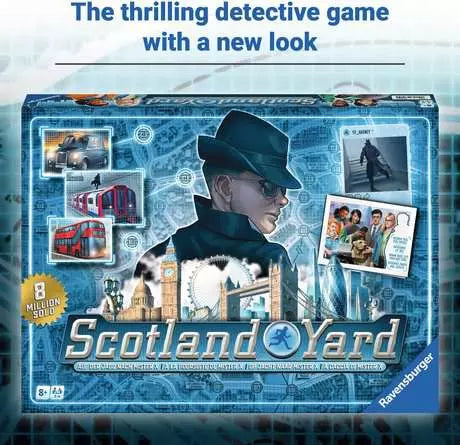 Blue Scotland Yard board game box with a man in a fedora, London map, and icons for a red bus, taxi, and train.