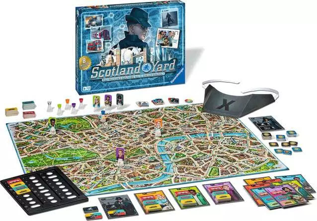 Blue board game box behind a London map board, colorful pawns, character cards, and a black visor with an 'X'.