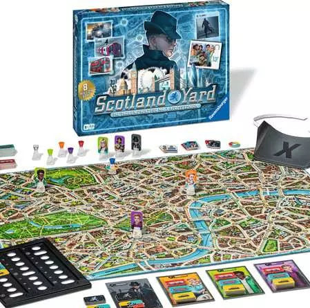 Scotland Yard board game with a blue box, London map game board, colorful playing pieces, cards, and a black visor.