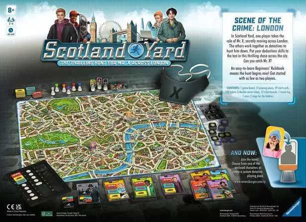 Detective board game layout featuring a London map board, colorful tokens, character cards, and a black visor with an X.