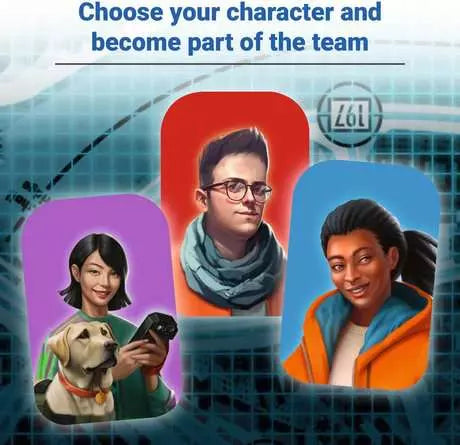 Choose your character header above three illustrated game characters and a dog on a blue digital grid background.