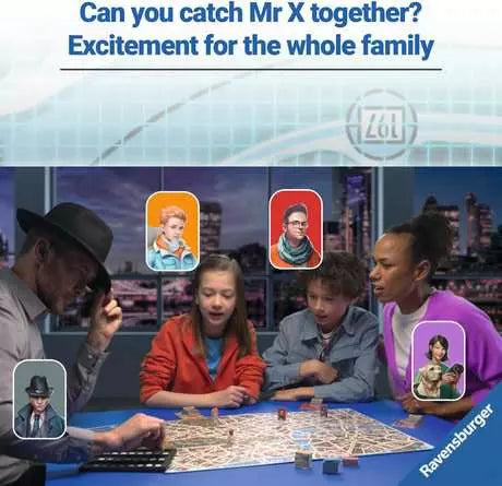 A family playing a detective board game with a map of London, colorful character icons, and floating avatars.