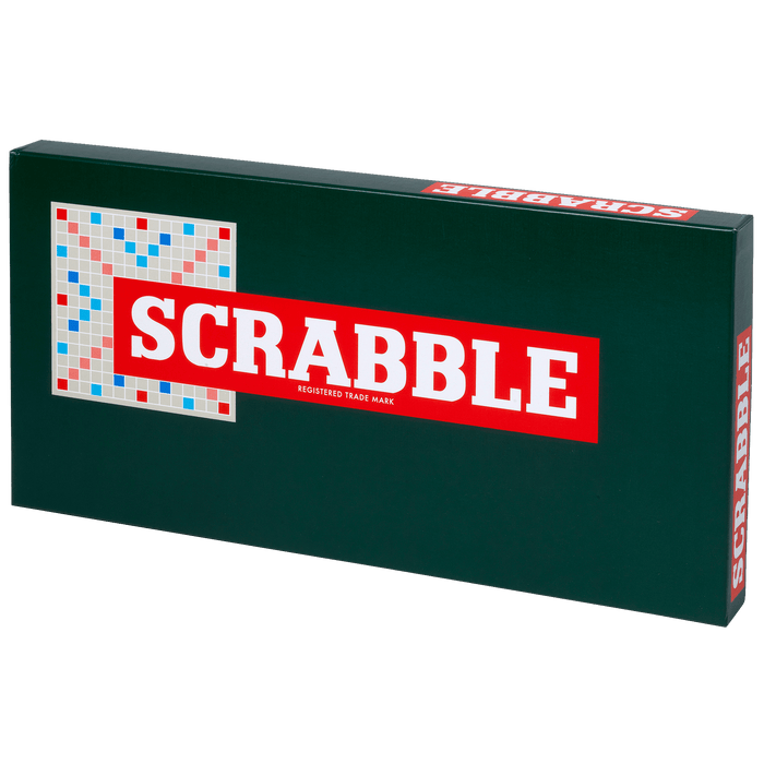 Rectangular dark green box with a red banner reading SCRABBLE and a colorful game board grid illustration on the left.