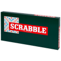 Rectangular dark green box with a red banner reading SCRABBLE and a colorful game board grid illustration on the left.