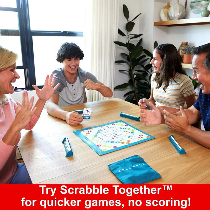A family plays Scrabble Together with a blue board and tile bag. A red banner promotes quicker games without scoring.