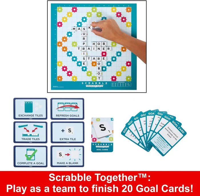 Hand placing a letter tile on a Scrabble Together board surrounded by goal cards and action cards for team play.