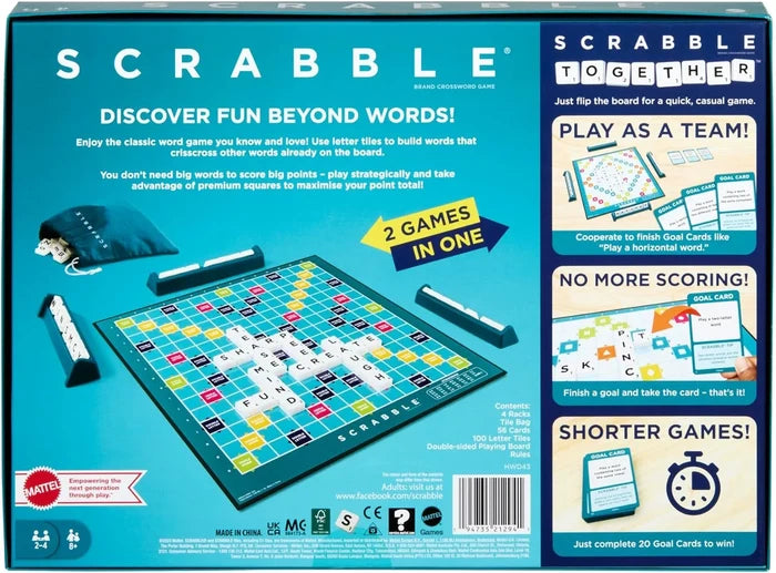 Teal Scrabble Together game box back featuring the game board, tiles, racks, a drawstring bag, and team play details.