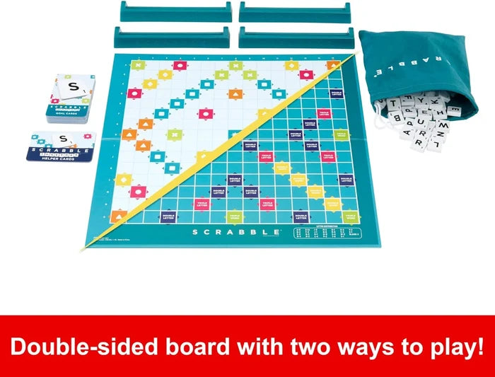 Teal Scrabble set featuring a double-sided board, four tile racks, tile bag, and gameplay cards.