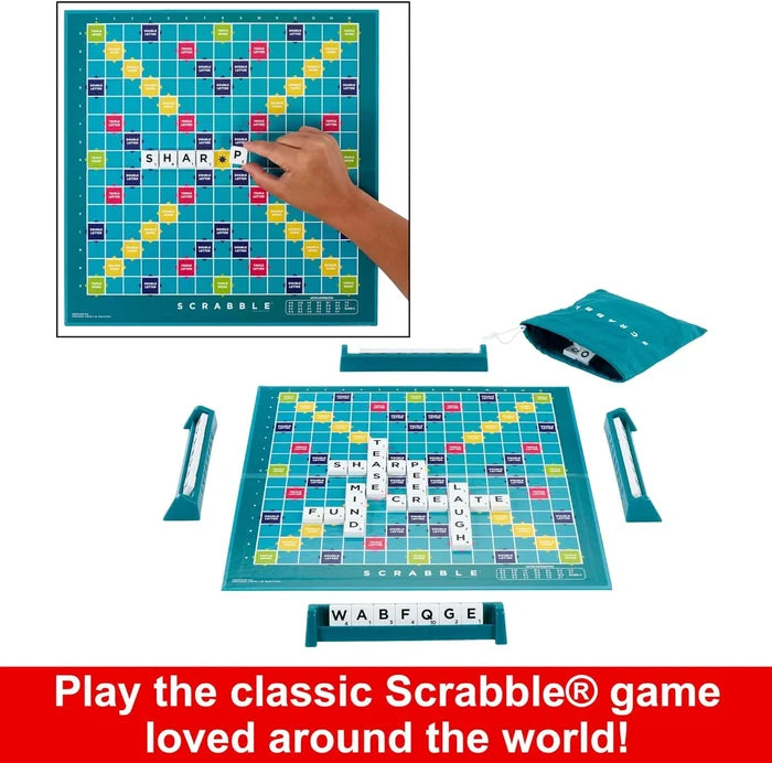 Teal square board game with white tiles, four tile racks, and a drawstring pouch shown on a white background.