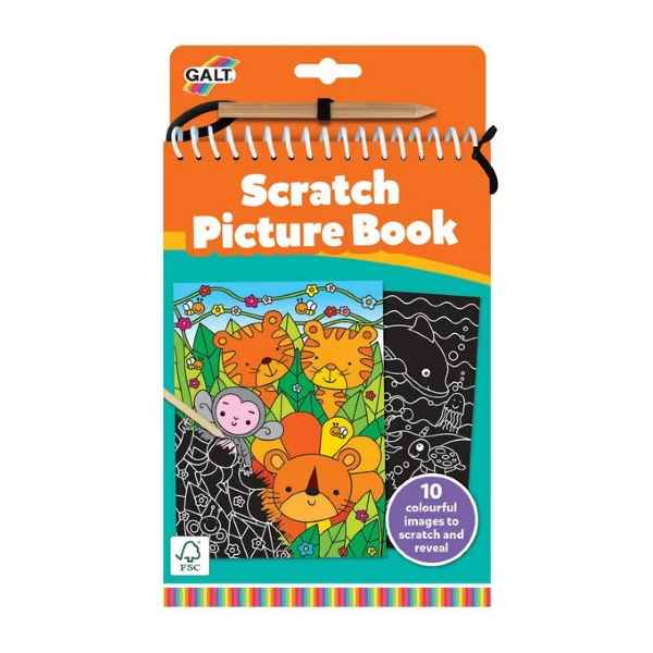 Spiral-bound scratch art book with wooden stylus and colorful jungle animal illustrations on the orange and teal cover.