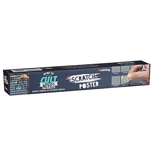 Long blue box for a 100 Cult Movies scratch-off poster, showing a hand using a coin to reveal hidden squares.