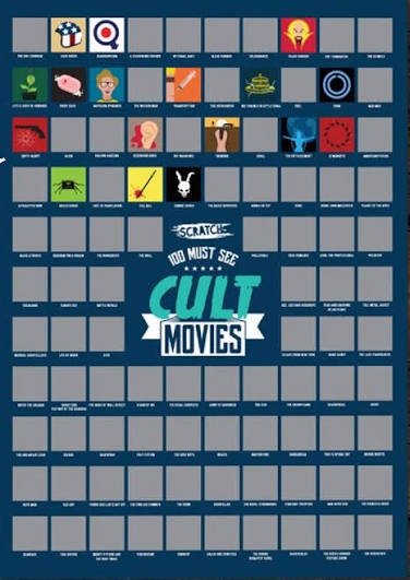 Navy blue poster with a grid of 100 silver scratch-off squares revealing colorful minimalist cult movie icons.