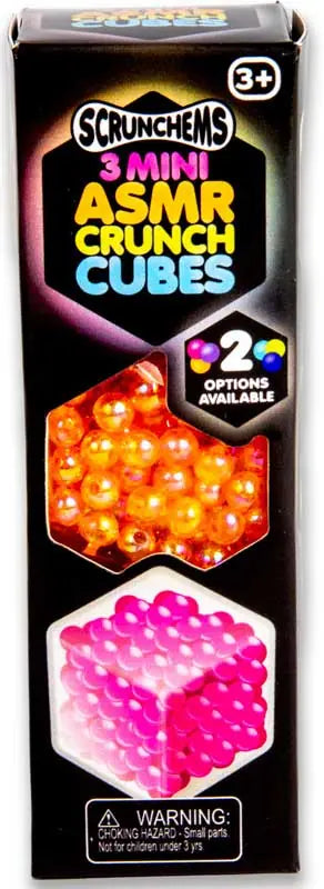 Black vertical box with colorful text, showing windows of orange jelly-like beads and a pink sphere-textured cube.