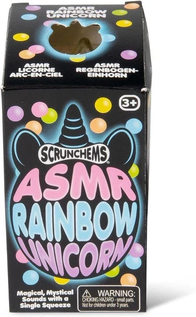 Black box with rainbow bubble text and colorful circles around a unicorn silhouette with a shaped window on top.
