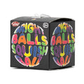 Square black box with "BRIGHT BALLS SQUISH BALL" printed in vibrant, 3D-style rainbow bubble letters.