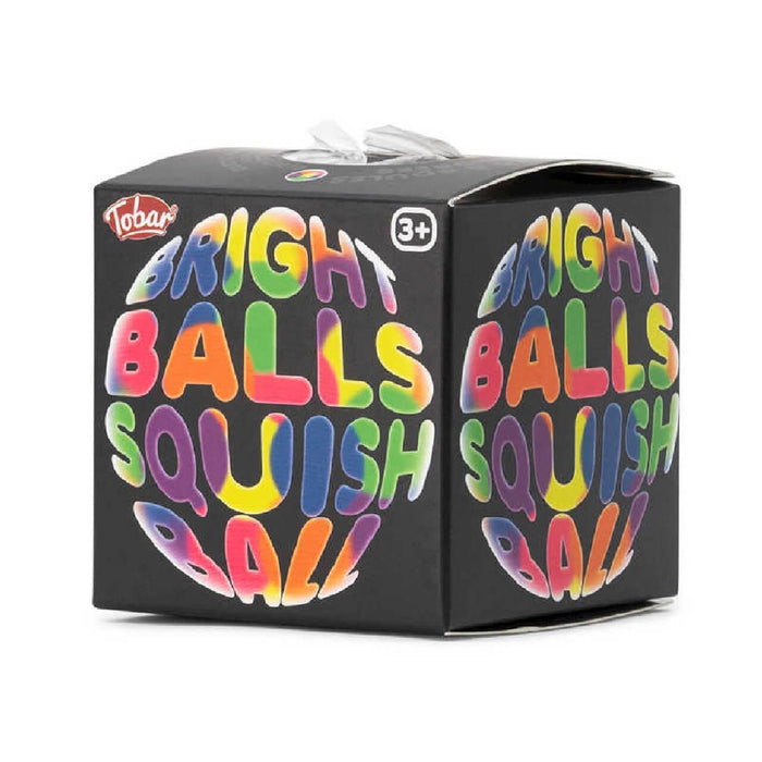 Square black box with "BRIGHT BALLS SQUISH BALL" printed in vibrant, 3D-style rainbow bubble letters.