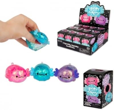 Three sparkly, translucent squishy axolotl toys in pink, blue, and purple shown next to their branded blind boxes.