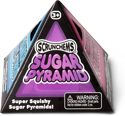 Purple pyramid-shaped squishy toy inside a triangular black and purple cardboard display box.