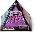 Purple pyramid-shaped squishy toy inside a triangular black and purple cardboard display box.