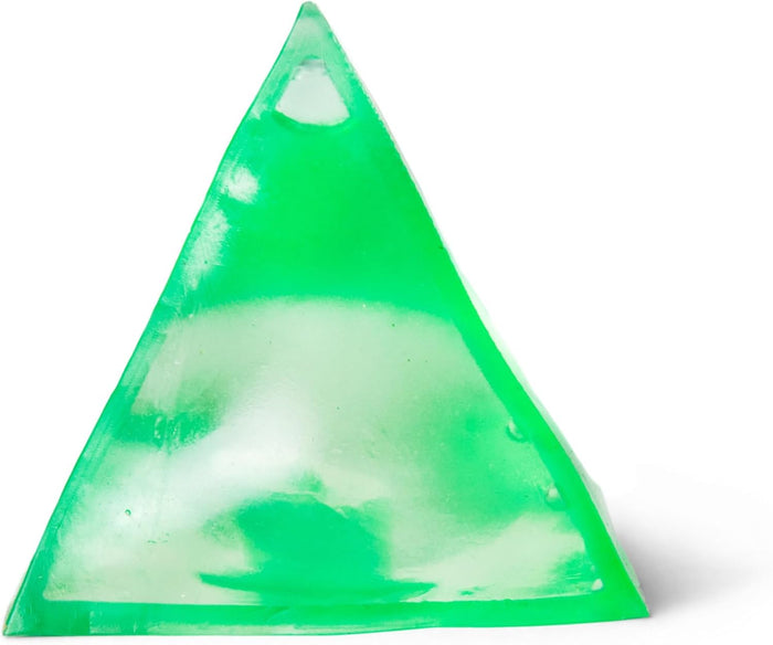 Translucent green pyramid-shaped squishy toy with a smooth surface and tiny air bubbles visible inside.