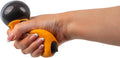 Hand squeezing a squishy toy with a glossy black rounded top and a flexible orange base that bulges between fingers.