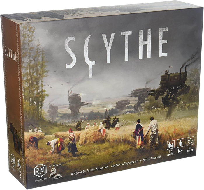 Rectangular board game box with artwork of rural harvesters in a golden field and giant dieselpunk mechs.