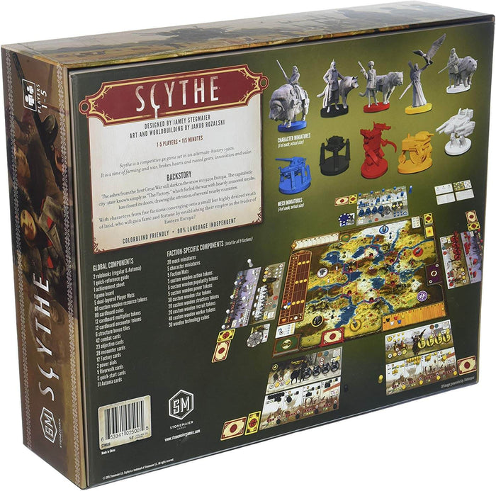 Back of the Scythe board game box showing colorful miniatures, game board map, and a list of game components.