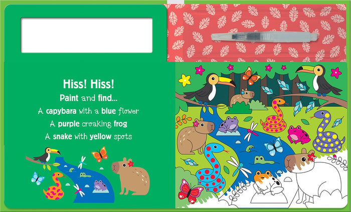 Open book with a green prompt page and a vibrant jungle scene with animals and a refillable brush pen.