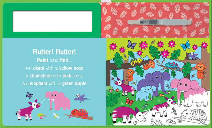 Open water-reveal activity book with jungle animal illustrations and a clear refillable brush pen.