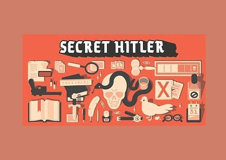 Orange graphic featuring beige icons of a skull, snake, gun, and dove under the title Secret Hitler.
