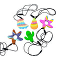 Five colorful silicone sensory necklaces in shapes of a cactus, starfish, pear, and shell on black cords.