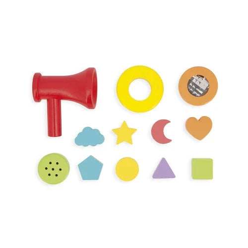 Colorful wooden toy pieces including a red horn, star, heart, and geometric shapes on a white background.