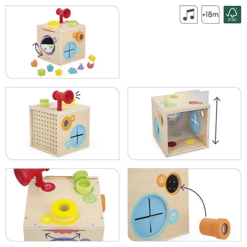 Wooden sensory activity cube with colorful interactive parts like a red horn and mirrors, shown from multiple angles.