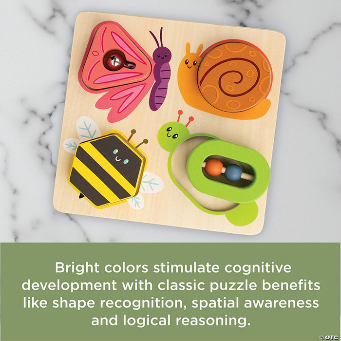 Colorful wooden insect puzzle featuring a pink butterfly, orange snail, yellow bee, and green sliding bead bug.