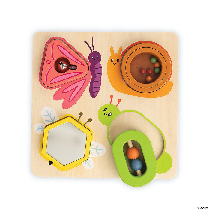 Wooden sensory puzzle featuring a butterfly bell, snail bead shaker, bee mirror, and green caterpillar rattle.