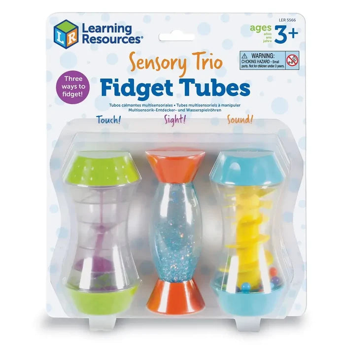 Three colorful hourglass-shaped sensory tubes in packaging featuring glitter, beads, and internal spirals.