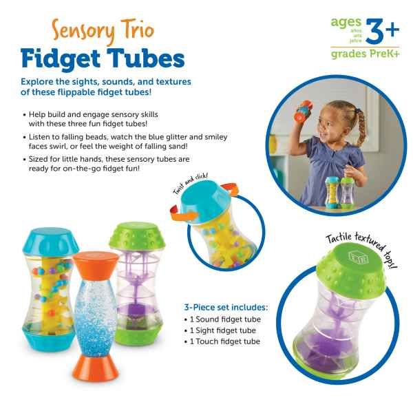 Infographic for three colorful hourglass tubes with beads, blue glitter, and textured caps, featuring a child playing.