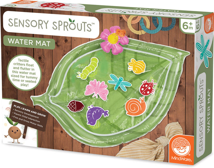 Packaging for a green leaf-shaped inflatable sensory water mat with colorful floating insect shapes and a pink flower.